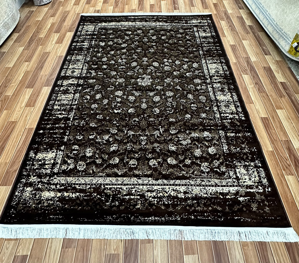 Elegant 7 ft x 10 ft Persian Silky Taymaz Area Rug - Dark Brown and White Luxury