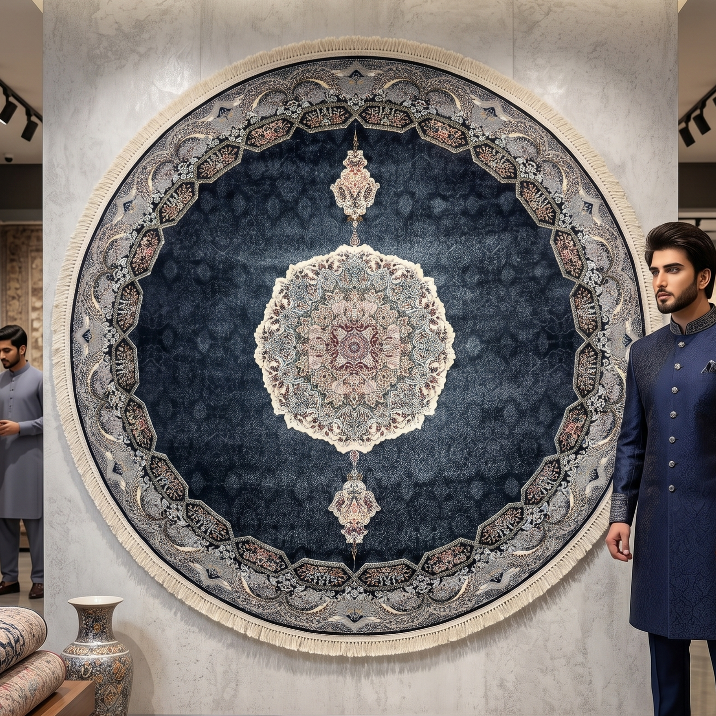 8.25 ft x 8.25 ft Round Persian Navy Acrylic Rug | 1000 Reed Floral Medallion, Iran