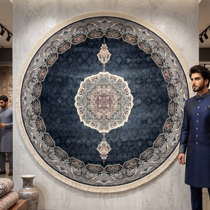 8.25 ft x 8.25 ft Round Persian Navy Acrylic Rug | 1000 Reed Floral Medallion, Iran