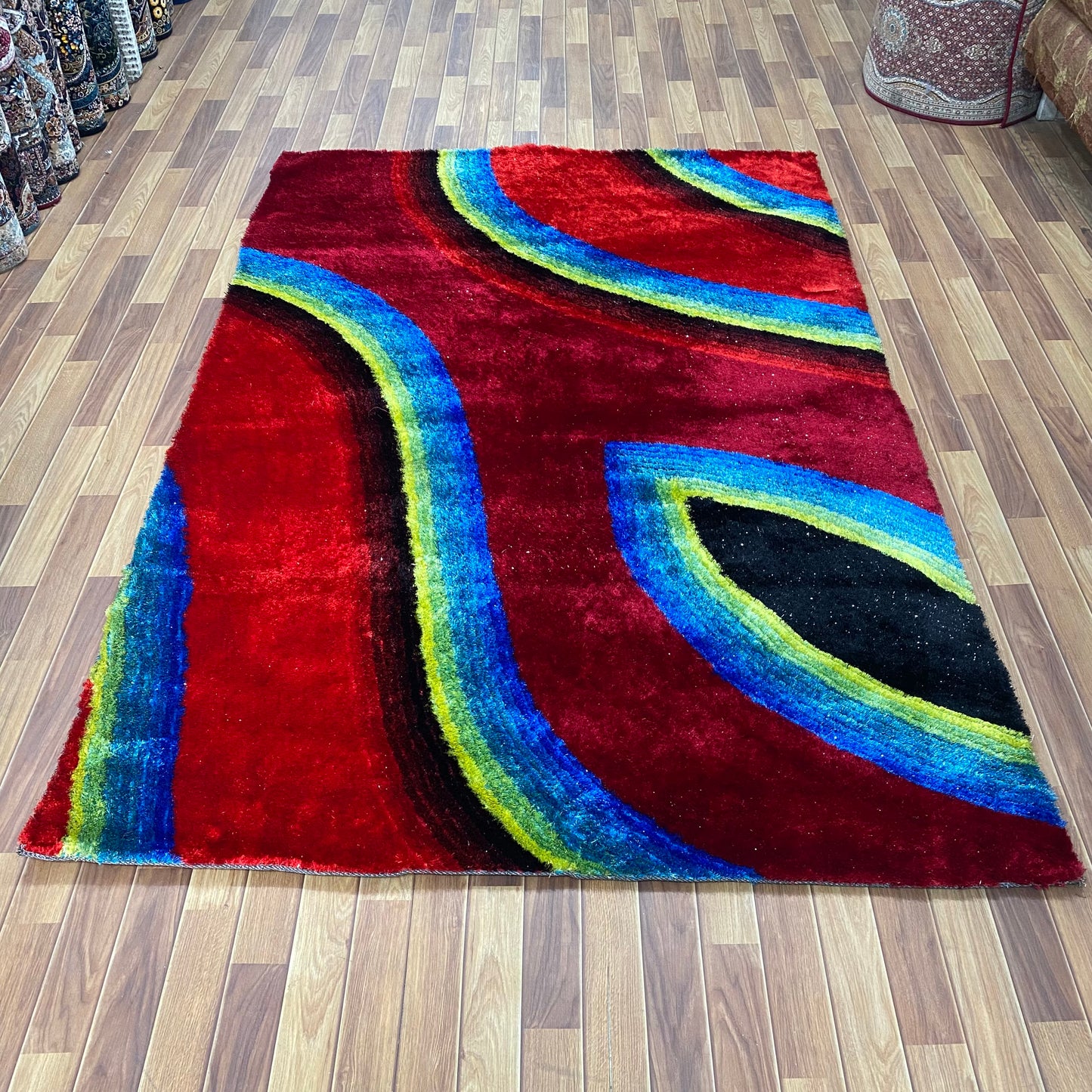 Vibrant 6 ft x 9 ft Shaggy Chinese Area Rug - Bold Red Wine with Multi-Color Accents