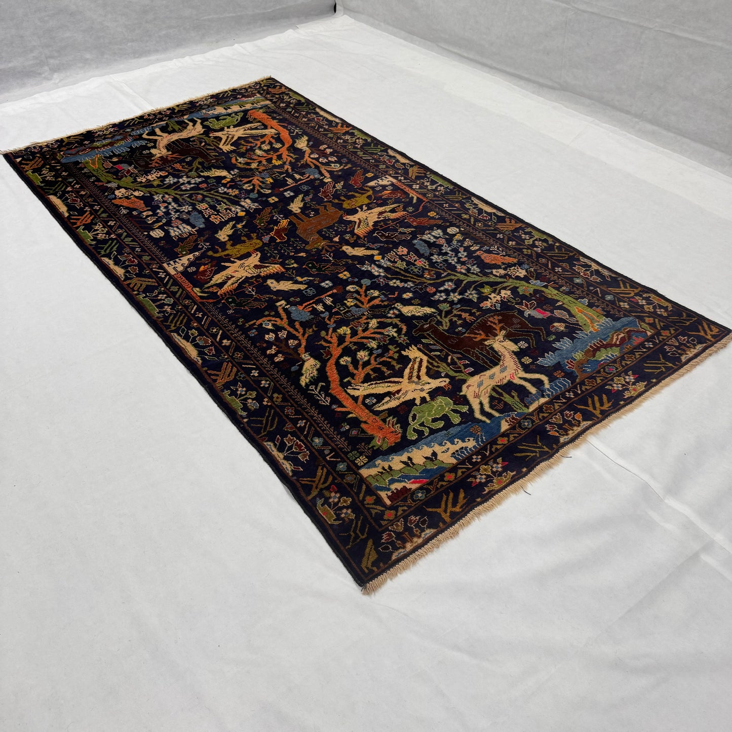 Luxurious Afghan Handmade Shikargah Rug – 4.5 ft x 8.5 ft – Exquisite Hunting Scene Design in Rich Blues & Earthy Tones – Authentic Wool, Premium Quality