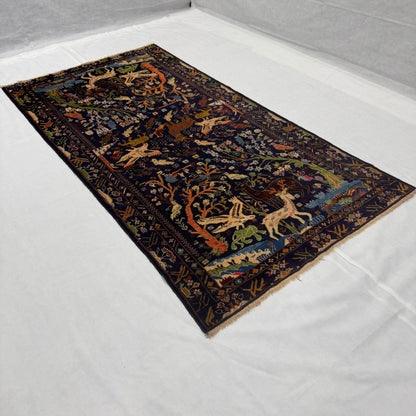 Luxurious Afghan Handmade Shikargah Rug – 4.5 ft x 8.5 ft – Exquisite Hunting Scene Design in Rich Blues & Earthy Tones – Authentic Wool, Premium Quality