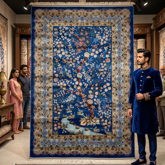 Persian Silk Blossom Tree Rug 4 ft x 6 ft | Pure Silk Abresham | 1600 Reeds