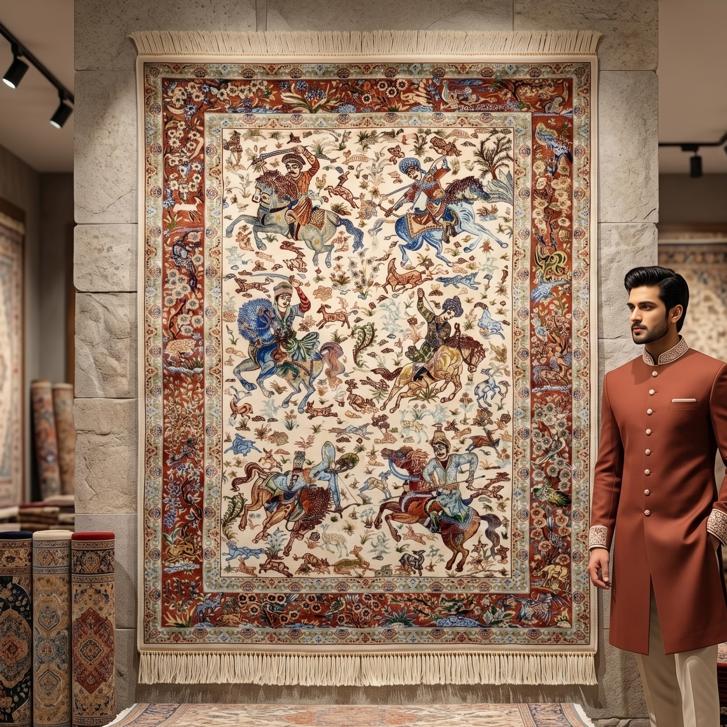 Persian Silk Hunting Scene Rug 2 ft x 3 ft | 1600 Reed Pure Silk Abresham