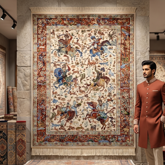 Persian Silk Hunting Scene Rug 2 ft x 3 ft | 1600 Reed Pure Silk Abresham