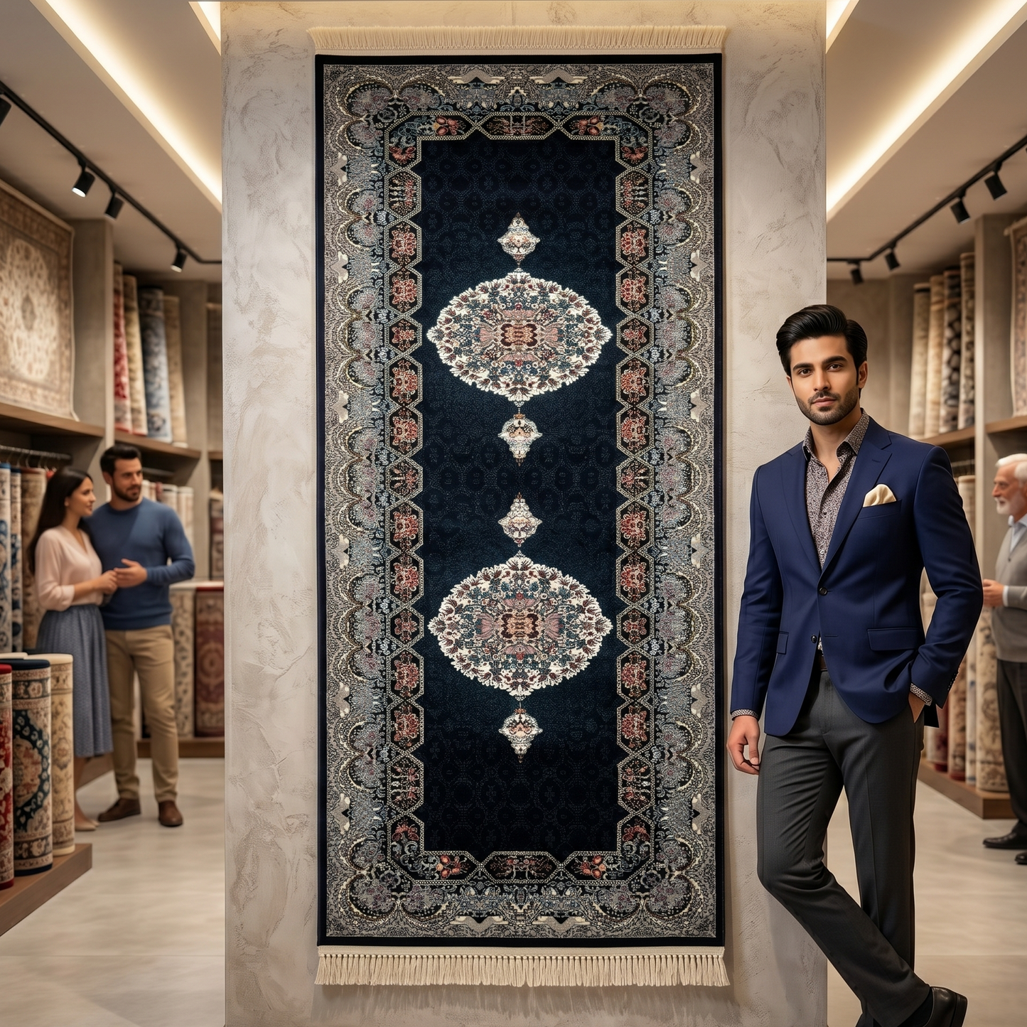 3 ft x 10 ft Persian Navy Acrylic Runner Rug | 1000 Reed Dual Medallion Carpet, Iran