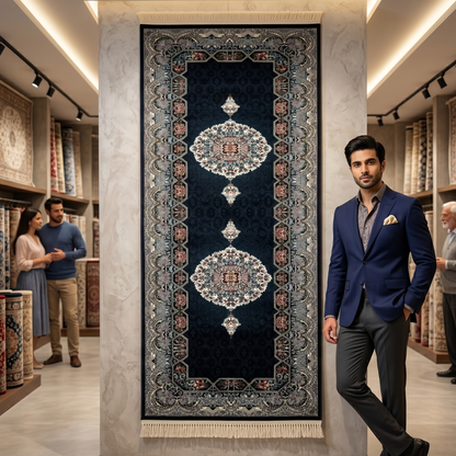 3 ft x 10 ft Persian Navy Acrylic Runner Rug | 1000 Reed Dual Medallion Carpet, Iran