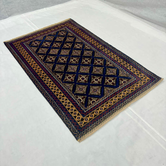 4 ft x 6 ft Afghan Handmade Wool Rug - Zakani Tribal Baluch Design, Deep Blues & Rich Gold Accents