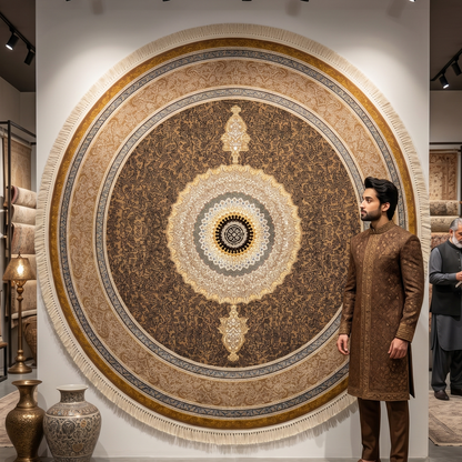 Persian Round Rug 7 ft x 7 ft | Chocolate & Gold | 1000 Reed Acrylic