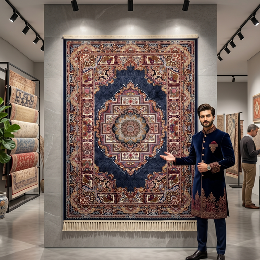 5 ft x 8 ft Navy Persian 700 Reed Acrylic Rug, Tabriz Medallion Carpet