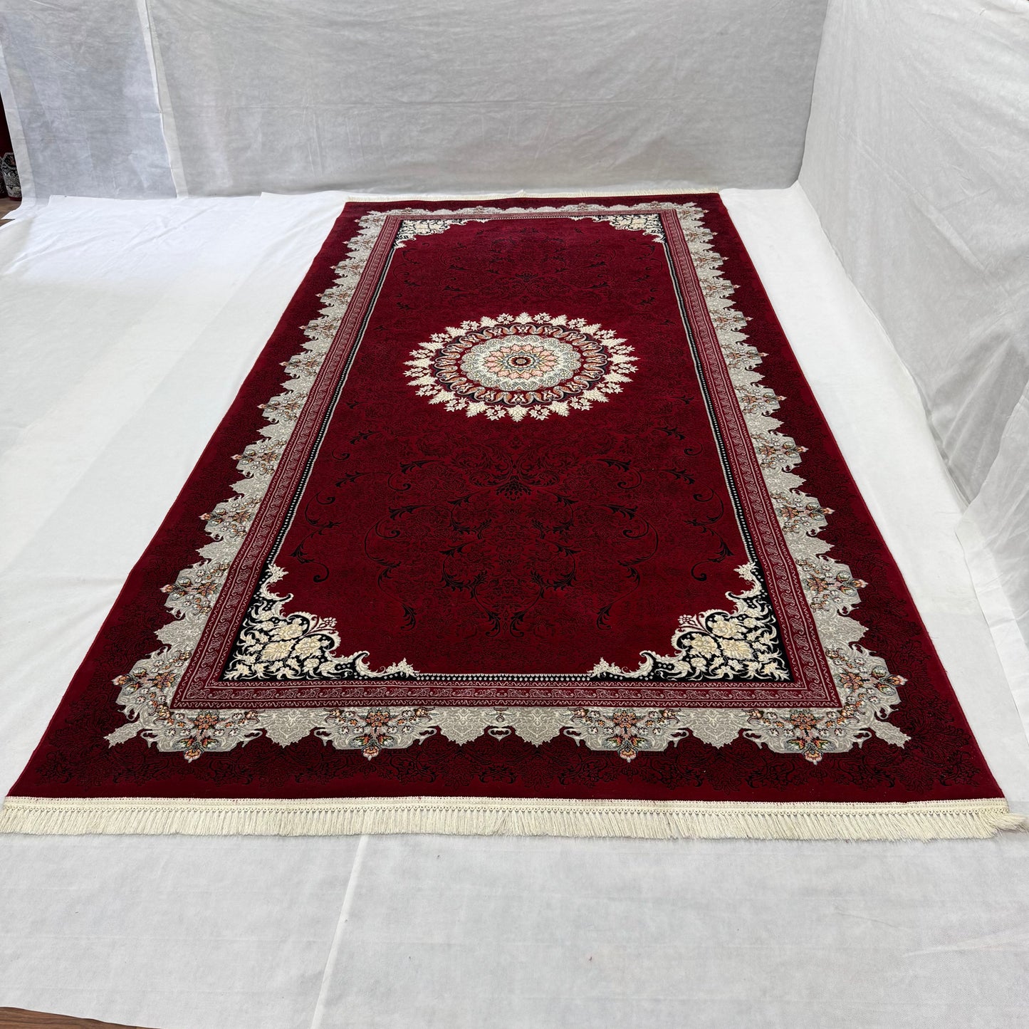 7 ft x 13 ft Persian Rug - Farsh e Nagin Chaman - 1000 Reeds - Elegant Burgundy and Cream Design