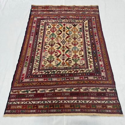 4 ft x 6 ft Handmade Afghan Wool Premium Kilim Rug – Traditional Geometric Design – Luxurious, Durable, Eco-Friendly