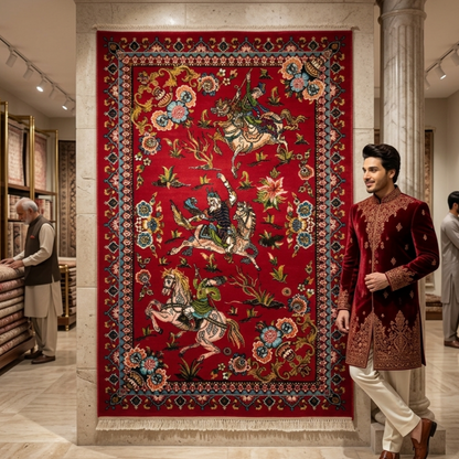 Persian Silk Hunting Scene Rug 2 ft x 3 ft | 1600 Reed Pure Silk Abresham
