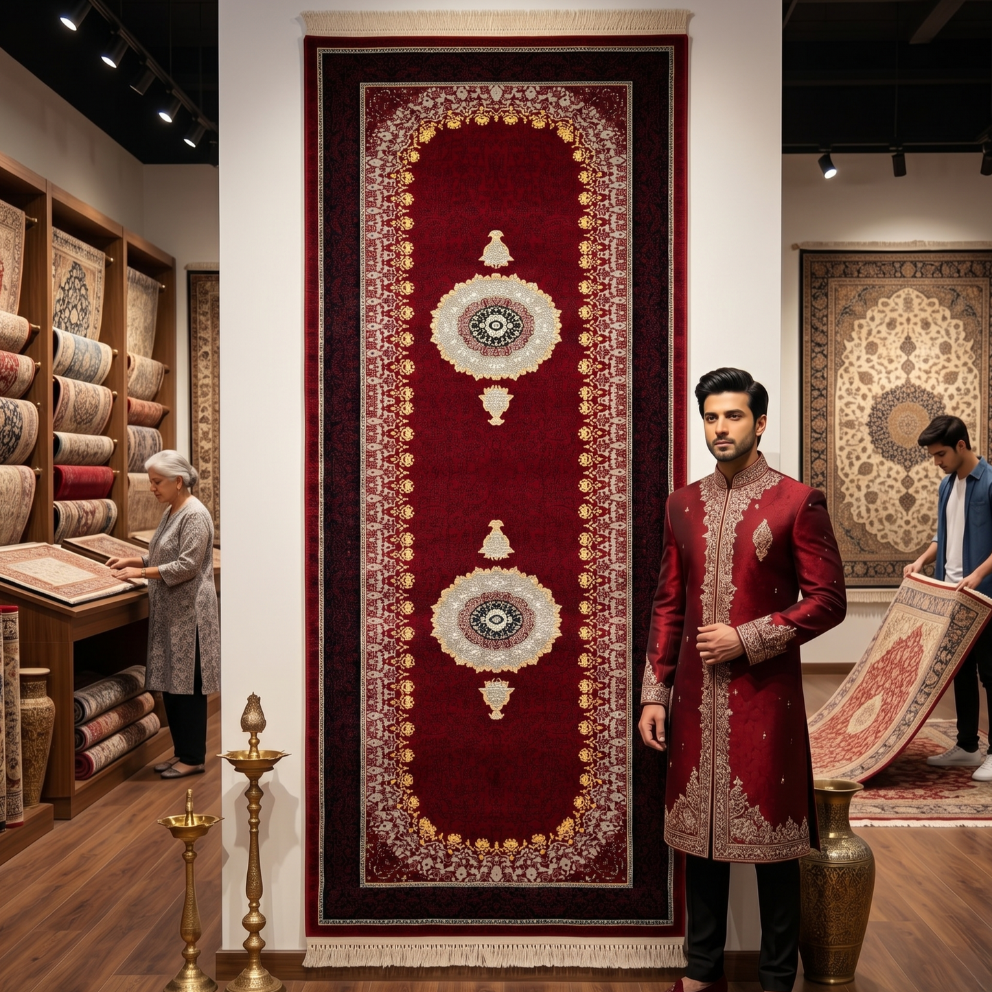 3 ft x 10 ft Persian Crimson Acrylic Runner Rug | 1000 Reed Medallion Carpet, Iran
