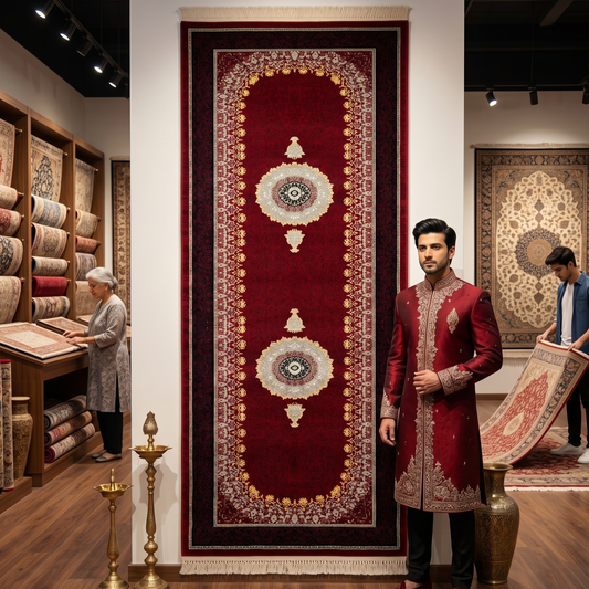 3 ft x 10 ft Persian Crimson Acrylic Runner Rug | 1000 Reed Medallion Carpet, Iran