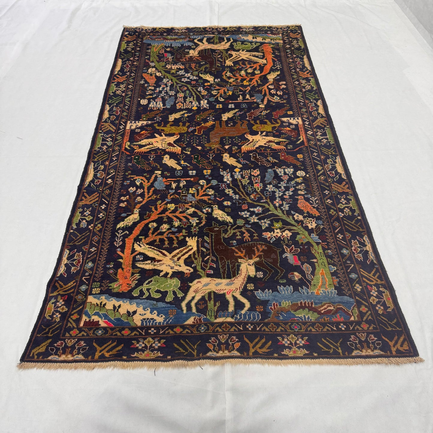 Luxurious Afghan Handmade Shikargah Rug – 4.5 ft x 8.5 ft – Exquisite Hunting Scene Design in Rich Blues & Earthy Tones – Authentic Wool, Premium Quality
