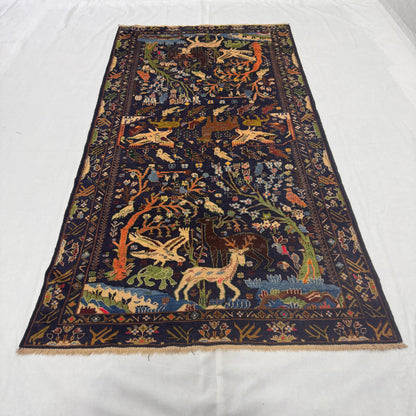 Luxurious Afghan Handmade Shikargah Rug – 4.5 ft x 8.5 ft – Exquisite Hunting Scene Design in Rich Blues & Earthy Tones – Authentic Wool, Premium Quality