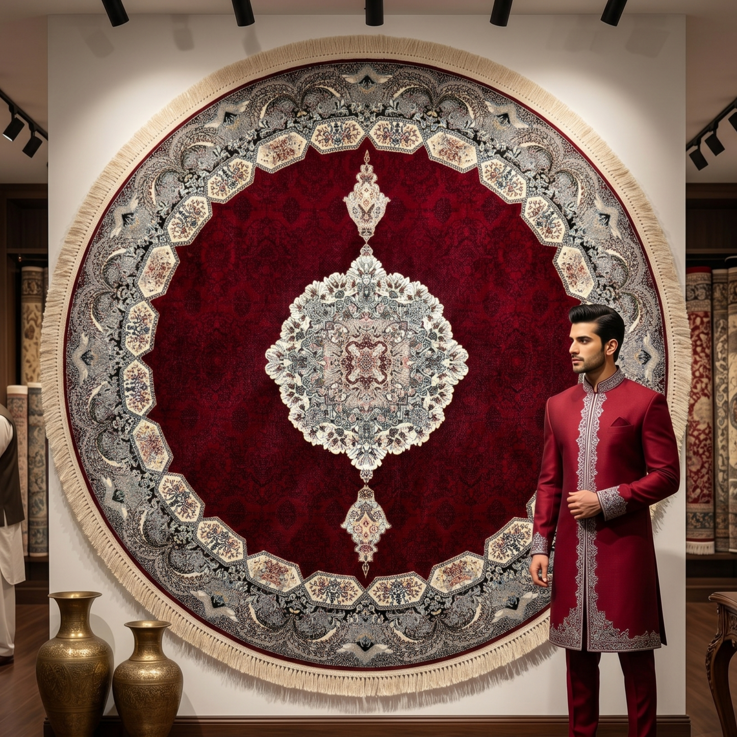 7 ft x 7 ft Round Persian Crimson Acrylic Rug | 1000 Reed Medallion Carpet, Iran