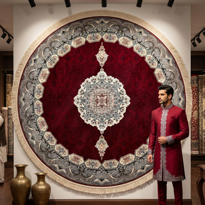 7 ft x 7 ft Round Persian Crimson Acrylic Rug | 1000 Reed Medallion Carpet, Iran