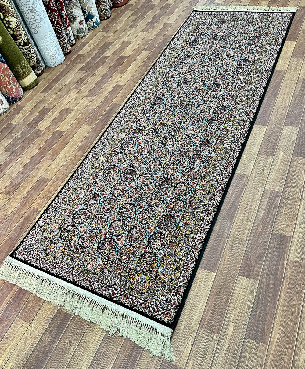 3 ft x 10 ft - Runner - Persian 1000 Reeds - Shahkar 1 - Black and tortoise with Multi Colors