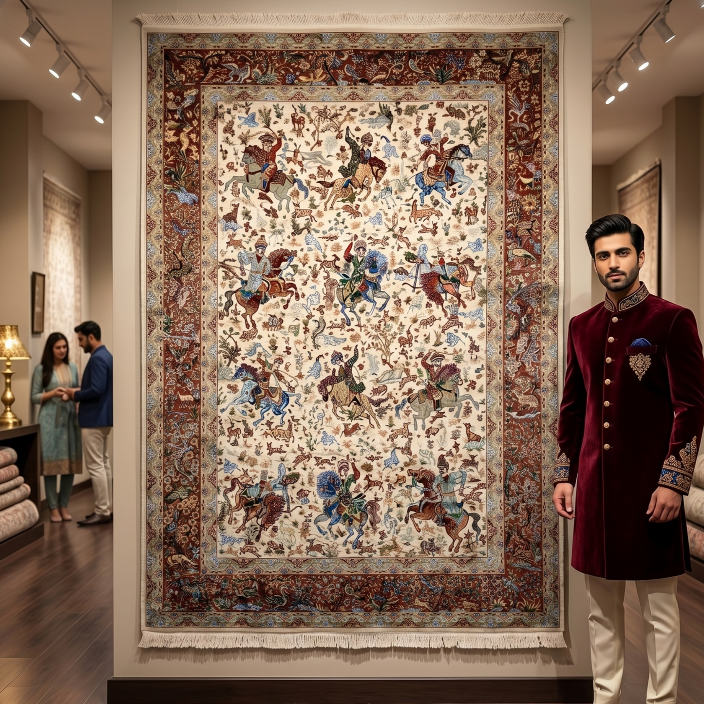 Persian Silk Hunt Scene Rug 5 ft x 8 ft | 1600 Reed Pure Silk Abresham