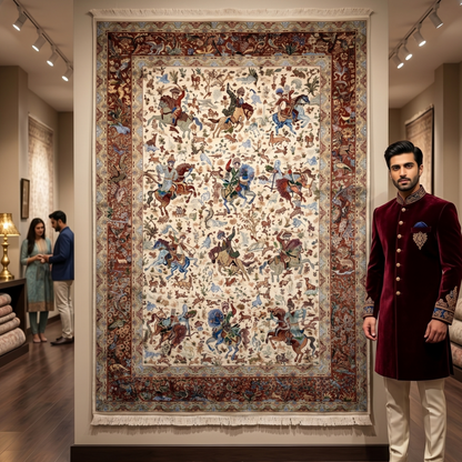 Persian Silk Hunt Scene Rug 5 ft x 8 ft | 1600 Reed Pure Silk Abresham