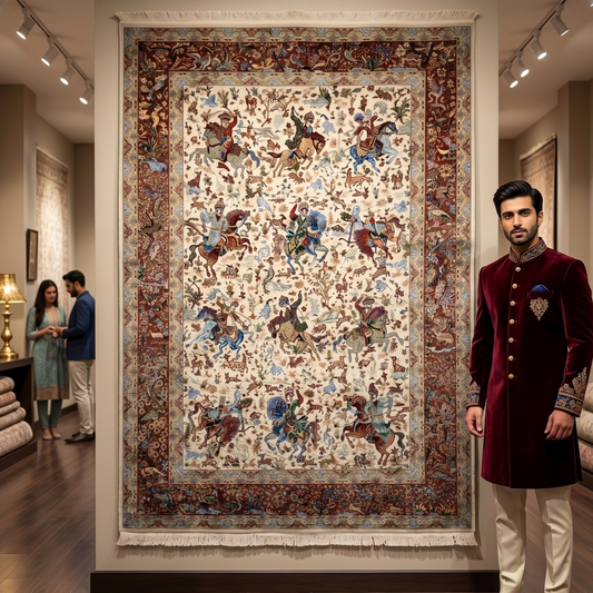 Persian Silk Hunt Scene Rug 5 ft x 8 ft | 1600 Reed Pure Silk Abresham
