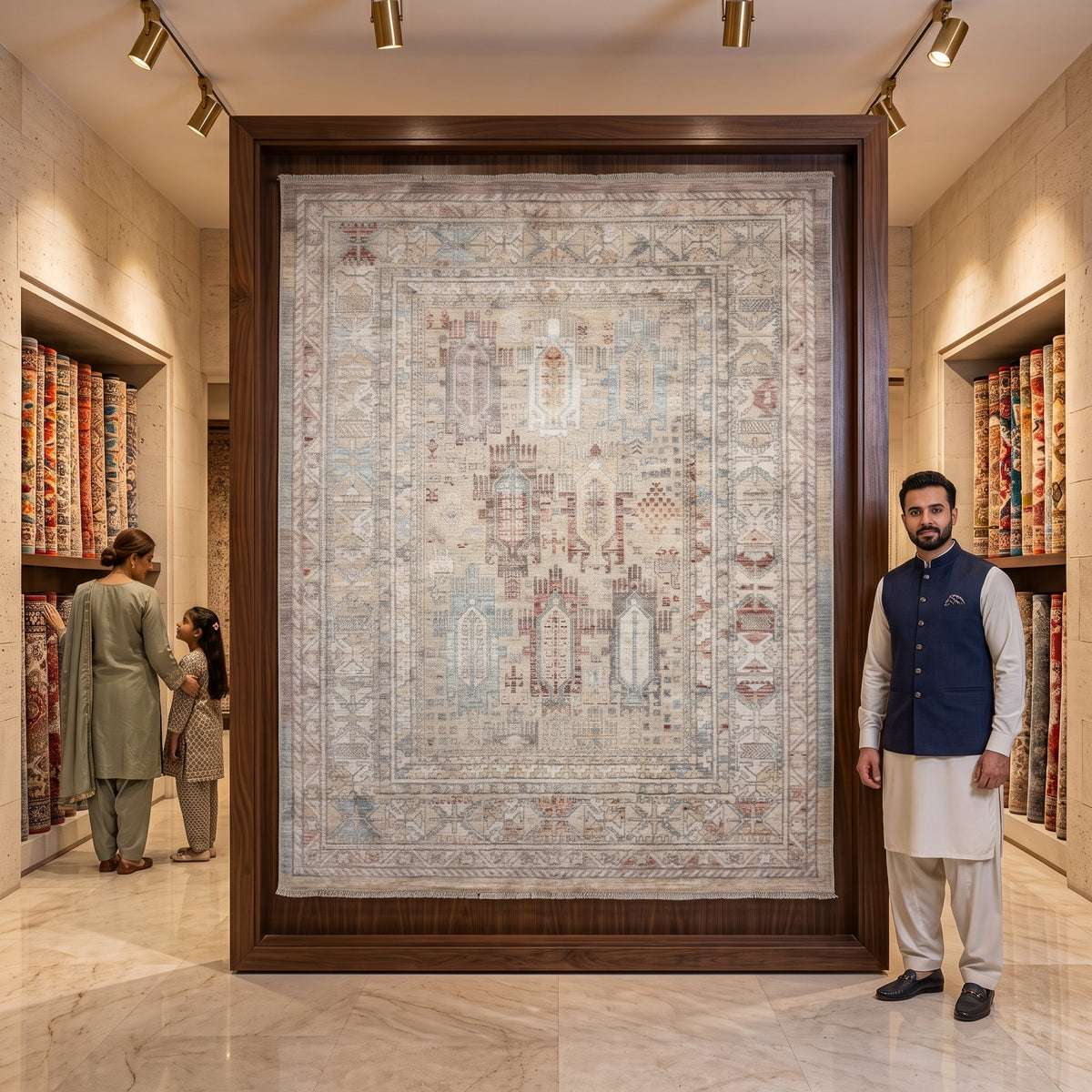 Oushak Heritage Turkish Acrylic Rug – Ivory & Blue Geometric Design, 5 x 8 ft