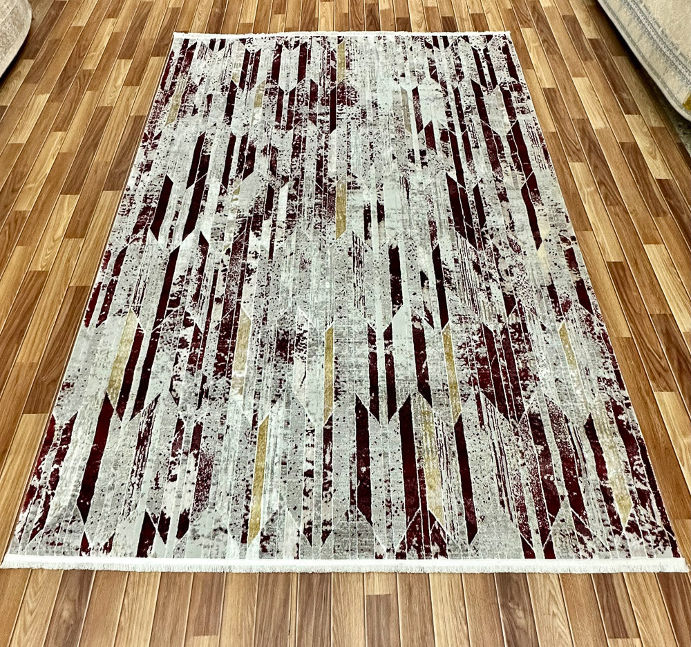 Luxurious 7 ft x 10 ft JD Turkish Silky Area Rug - Contemporary Grey and Red Wine Design