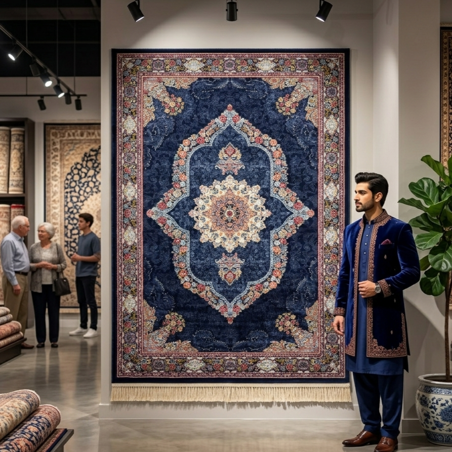 5 ft x 8 ft Navy Persian 700 Reed Acrylic Rug, Isfahan Medallion Carpet