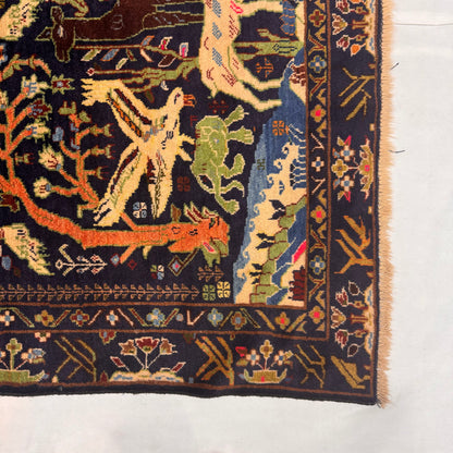 Luxurious Afghan Handmade Shikargah Rug – 4.5 ft x 8.5 ft – Exquisite Hunting Scene Design in Rich Blues & Earthy Tones – Authentic Wool, Premium Quality