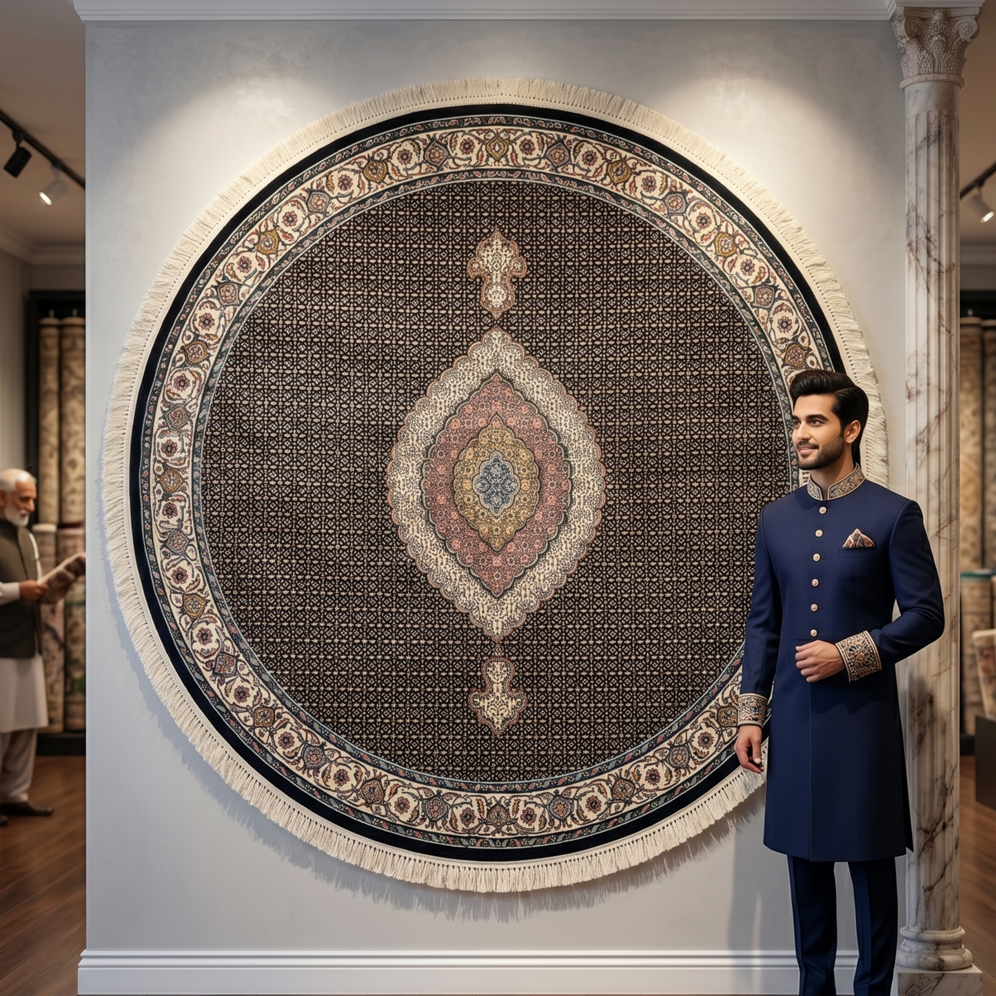 7 ft x 7 ft Round Persian Black Acrylic Rug | 1000 Reed Medallion Carpet, Iran
