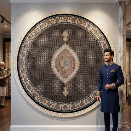 7 ft x 7 ft Round Persian Black Acrylic Rug | 1000 Reed Medallion Carpet, Iran