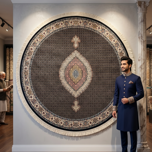 7 ft x 7 ft Round Persian Black Acrylic Rug | 1000 Reed Medallion Carpet, Iran