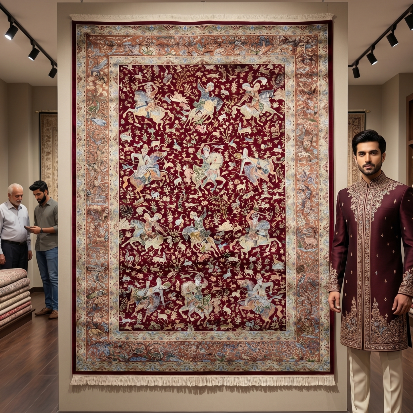 Persian Silk Hunting Scene Rug 5 ft x 8 ft | Pure Silk Abresham | 1600 Reeds