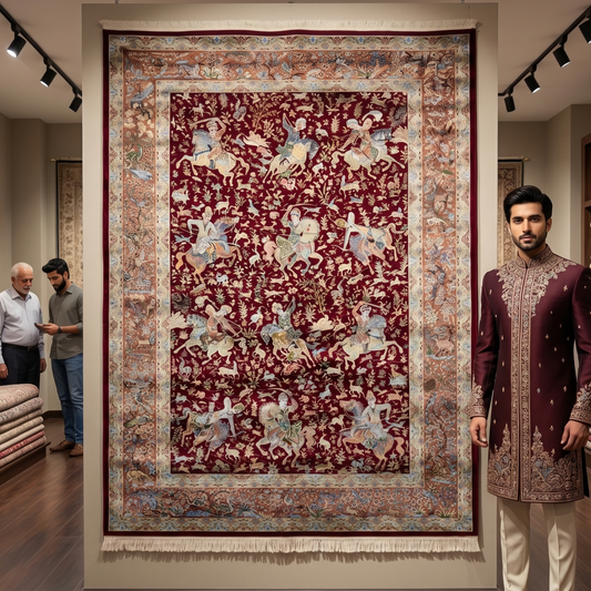 Persian Silk Hunting Scene Rug 5 ft x 8 ft | Pure Silk Abresham | 1600 Reeds