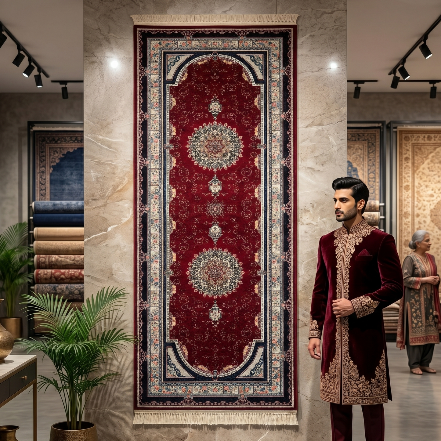 3 ft x 10 ft Persian Crimson Runner Rug | 1000 Reed Triple Medallion Carpet, Iran