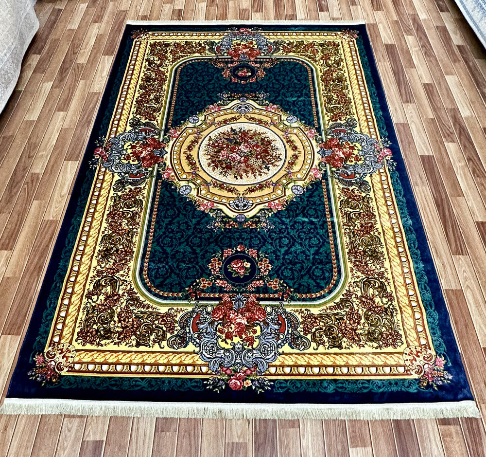 Luxurious 7 ft x 10 ft Persian Silky Ronika Area Rug - Dark Blue with Multi-Color Accents