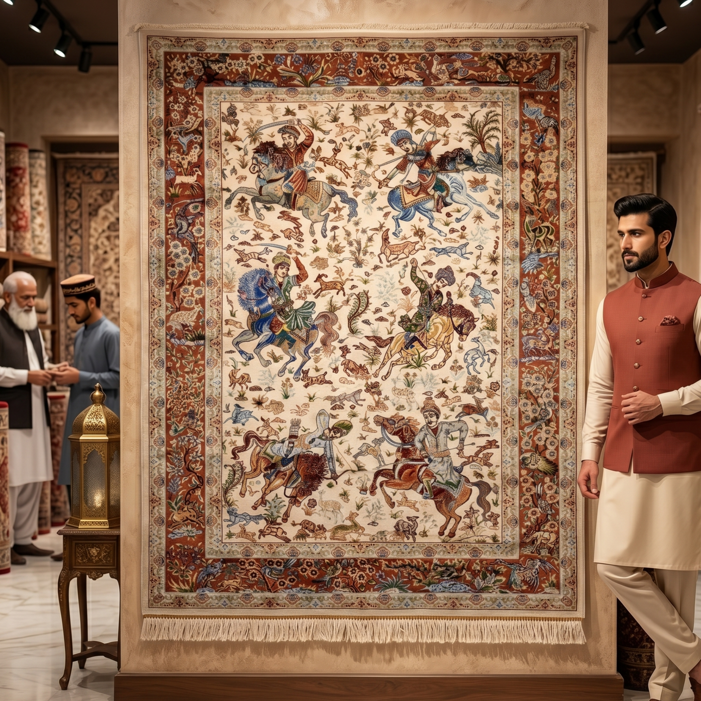 Persian Silk Hunting Scene Rug 2.5 ft x 4 ft | Pure Silk Abresham