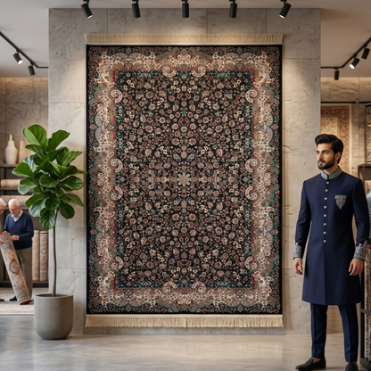 5 ft x 8 ft Black Persian 1200 Reed Acrylic Rug, Kashan Floral Carpet