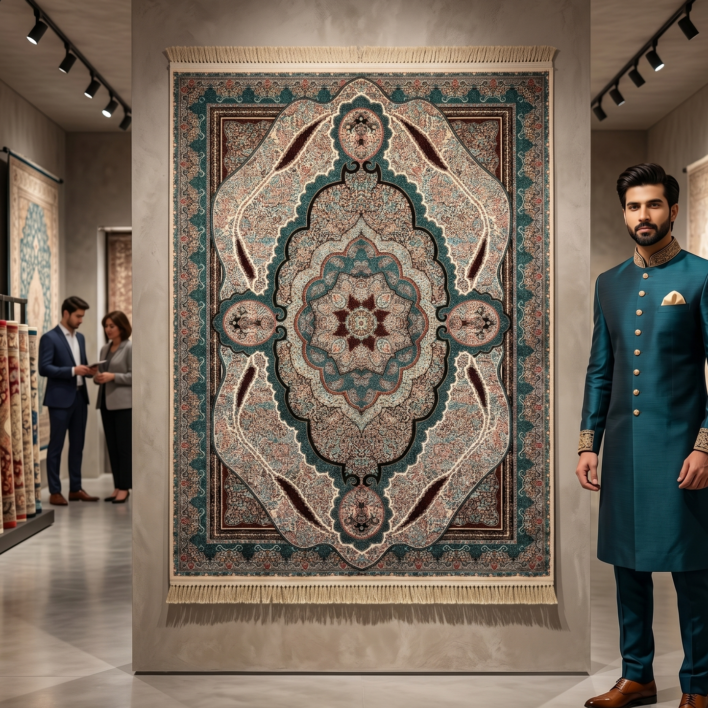 5 ft x 8 ft Teal Persian 1200 Reed Acrylic Rug, Qum Medallion Carpet