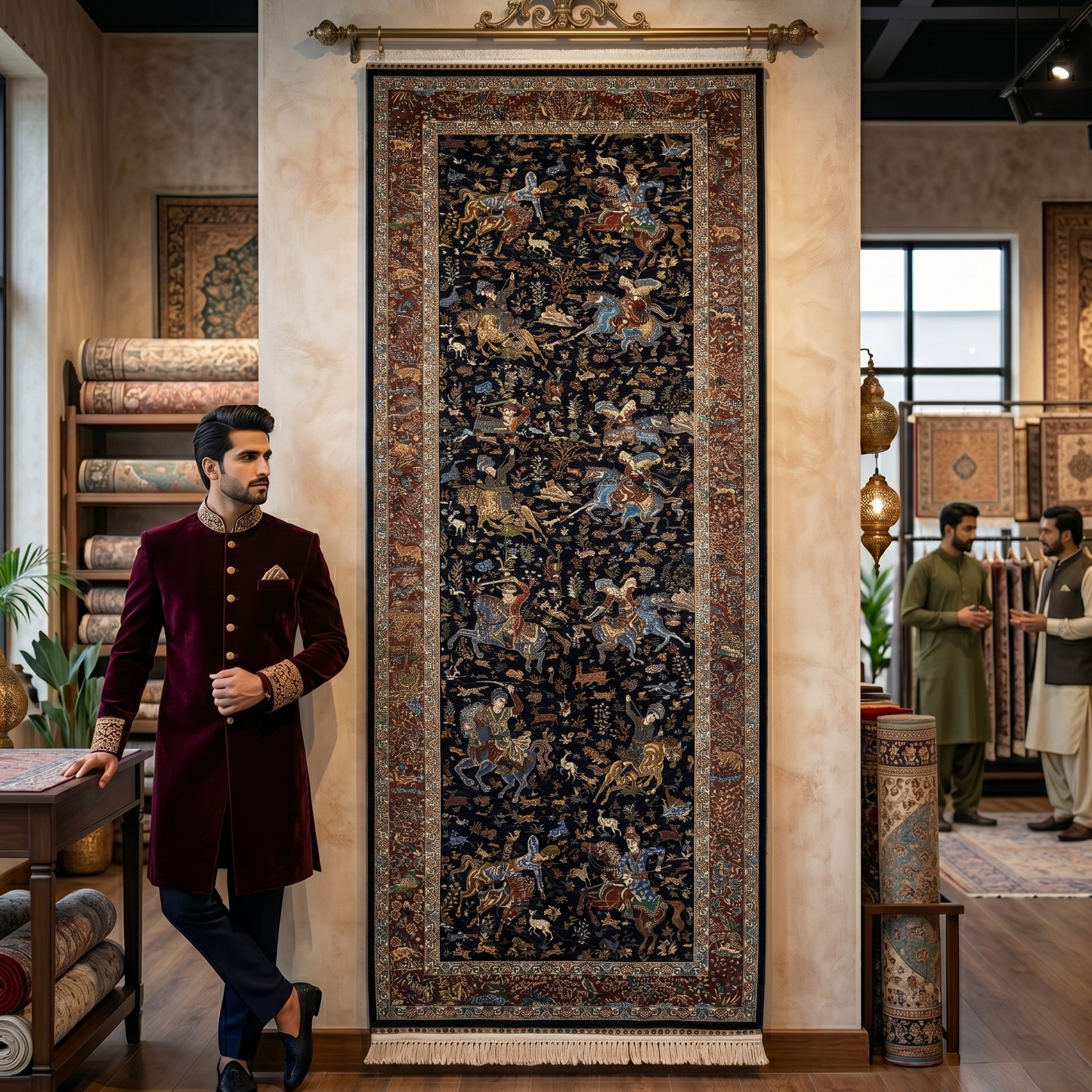 Persian Silk Abresham Runner Rug | Hunting Scene | 3 ft x 13 ft | 1600 Reed | Iran