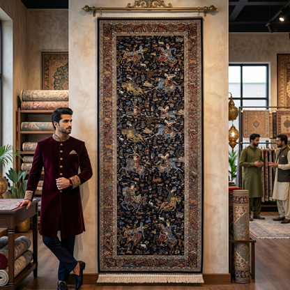Persian Silk Abresham Runner Rug | Hunting Scene | 3 ft x 13 ft | 1600 Reed | Iran