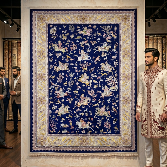 Persian Shekargh Navy Hunting Pure Silk Abresham Rug 7 ft x 10 ft | 1600