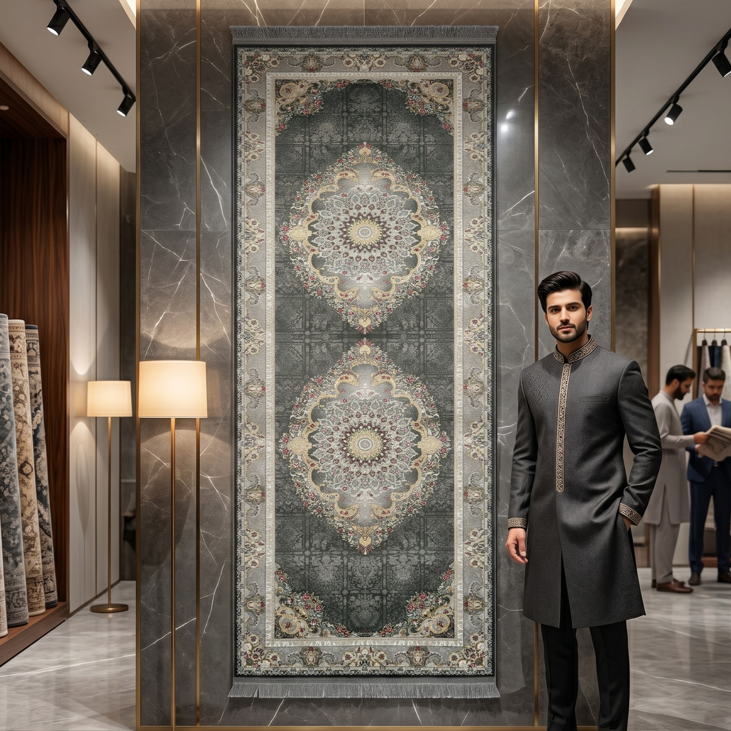 3 ft x 10 ft Persian Grey Acrylic Runner Rug | 1000 Reed Dual Medallion Carpet, Iran