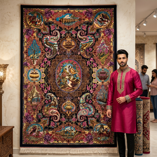 Persian Silk Qajar Pictorial Rug 3 ft x 5 ft | 1600 Reeds