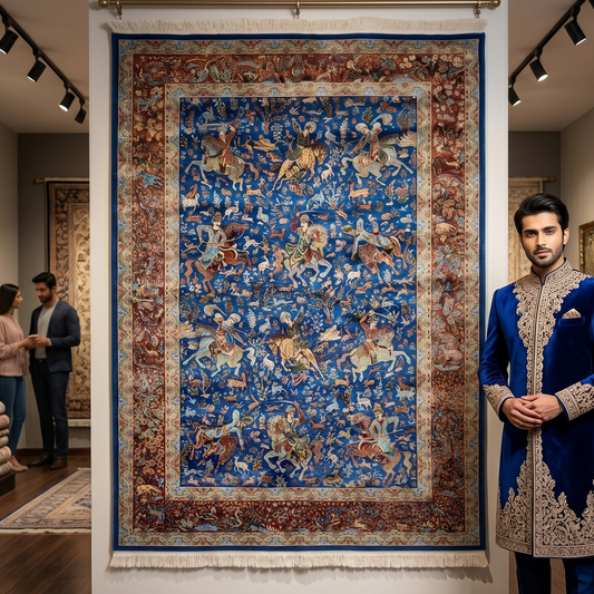 Persian Silk Hunt Scene Rug 5 ft x 8 ft | 1600 Reed Pure Silk Abresham