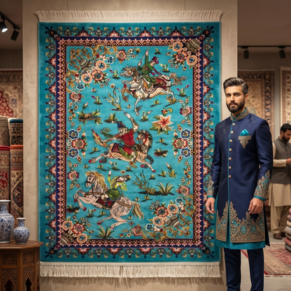 Persian Silk Hunting Scene Rug 2.5 ft x 4 ft | 1600 Reed Abresham