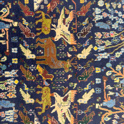 Luxurious Afghan Handmade Shikargah Rug – 4.5 ft x 8.5 ft – Exquisite Hunting Scene Design in Rich Blues & Earthy Tones – Authentic Wool, Premium Quality