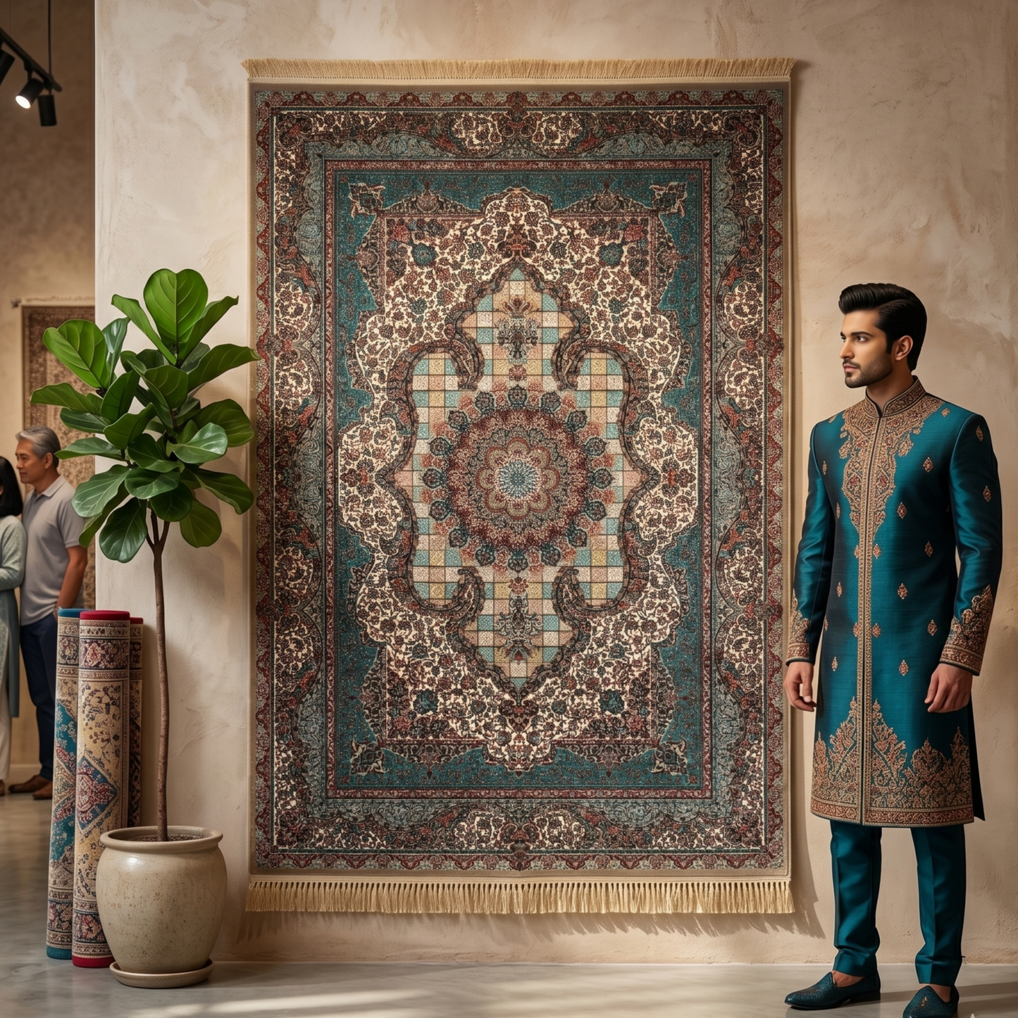 5 ft x 8 ft Teal Persian 1200 Reed Acrylic Rug, Garden Medallion Carpet
